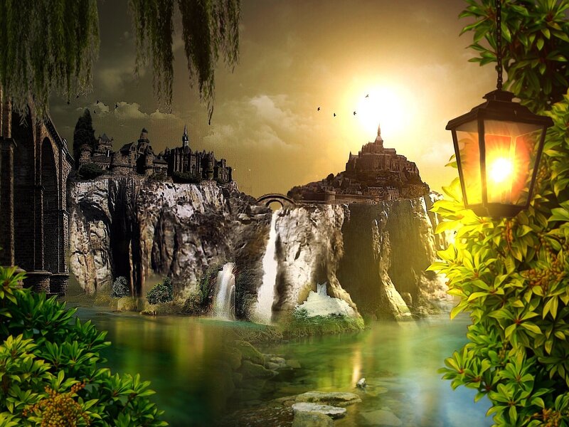 Castle on a Cliff — Green, Dramatic, Sunset, Digital Art, Lamp