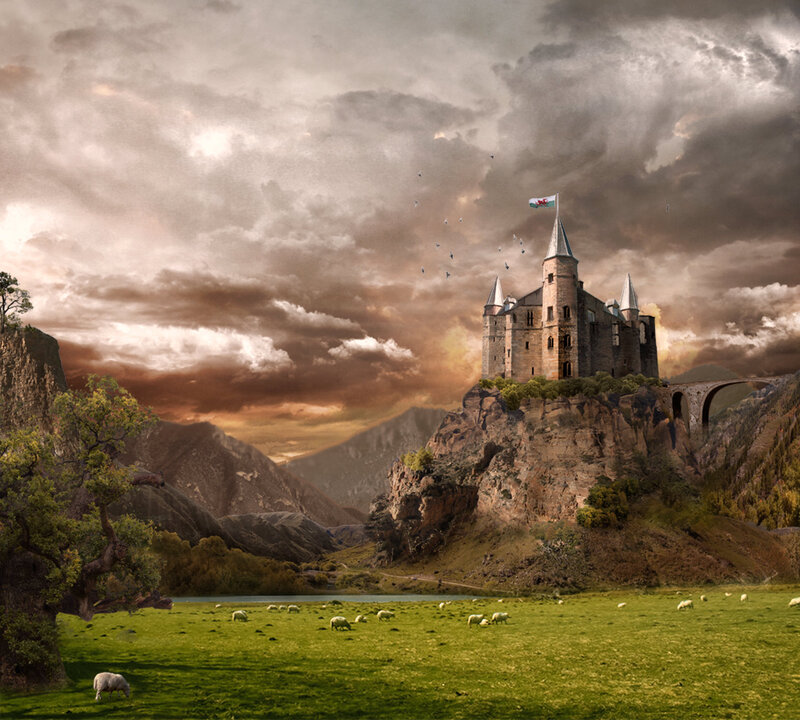 Castle on a Cliff — Green, Dramatic, Sunset, Digital Art