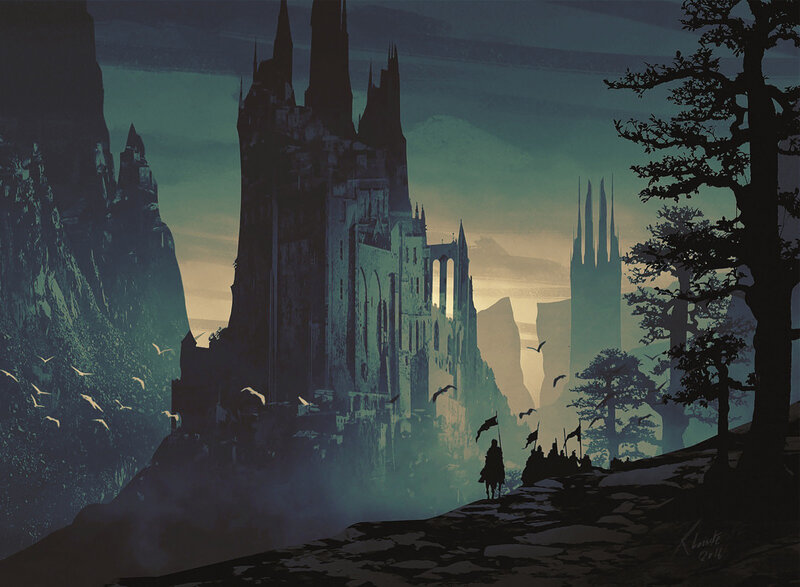 Castle on a Cliff — Green, Dramatic, Sunset, Digital Art, Trees