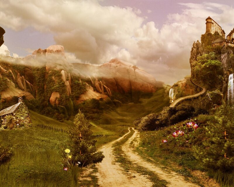 Castle on a Cliff — Green, Serene, Afternoon, Digital Art, Path