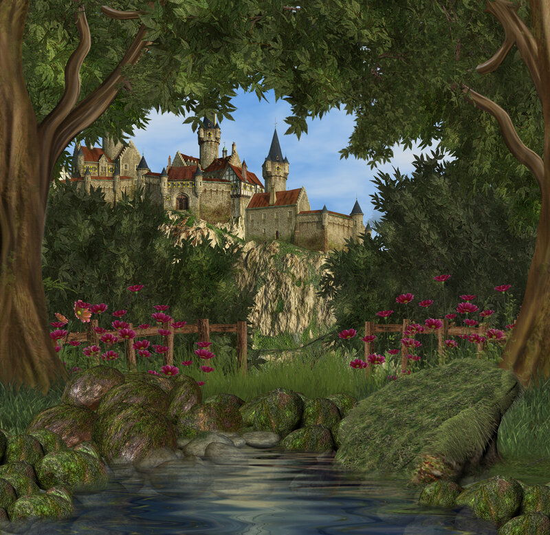 Castle on a Cliff — Green, Serene, Afternoon, Digital Art, Trees