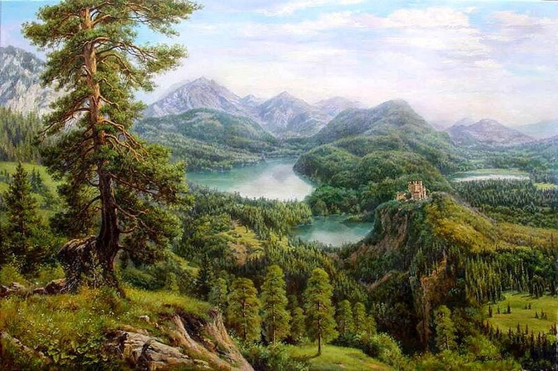 Castle on a Cliff — Green, Serene, Afternoon, Painting, Lake