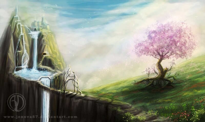 Castle on a Cliff — Green, Serene, Morning, Digital Art, Tree