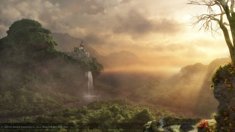 Castle on a Cliff — Green, Serene, Sunset, Digital Art, Mountain