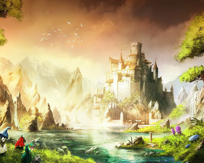 Castle on a Cliff — Green, Serene, Sunset, Digital Art, Mountains