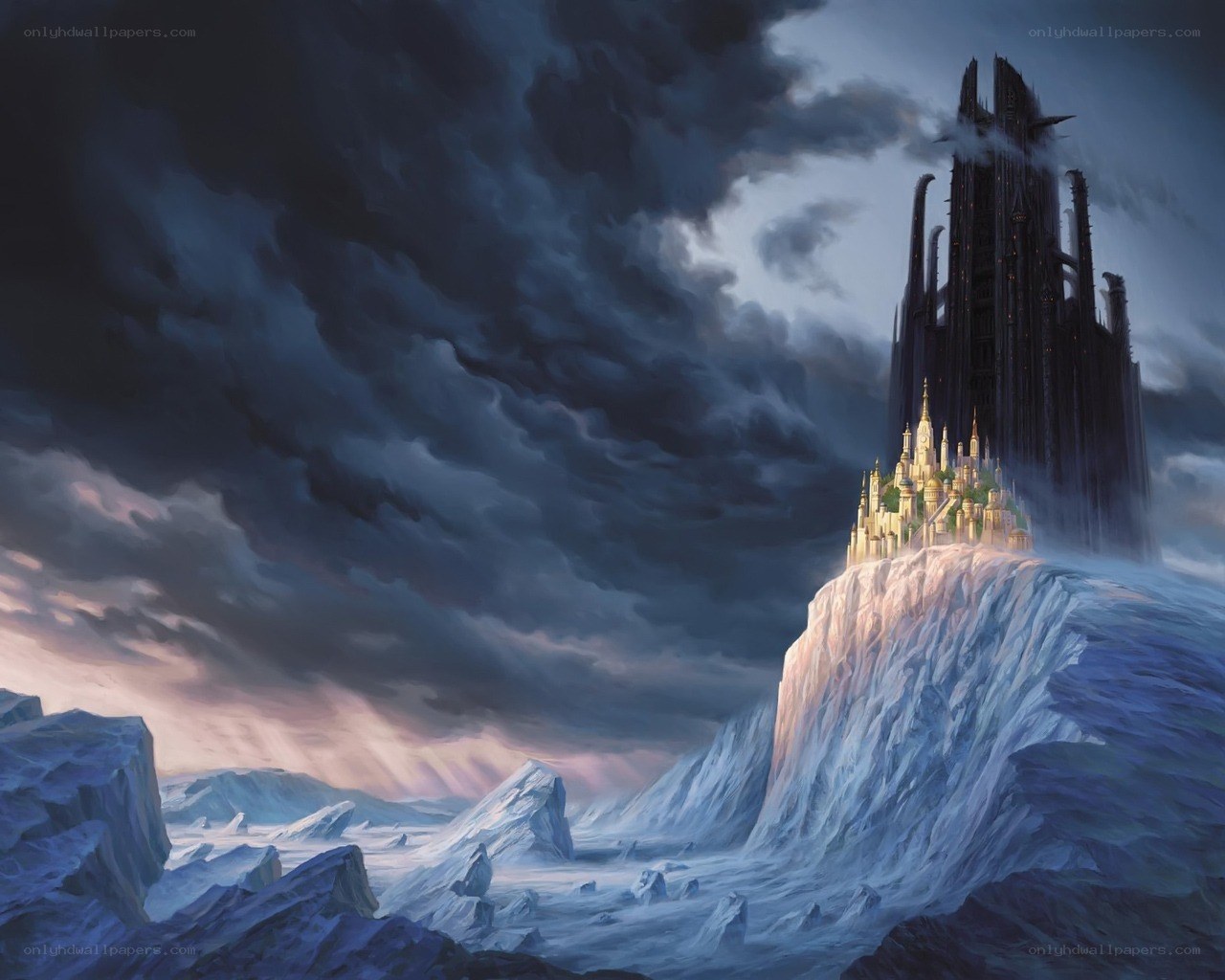 Castle on a cliff in storm