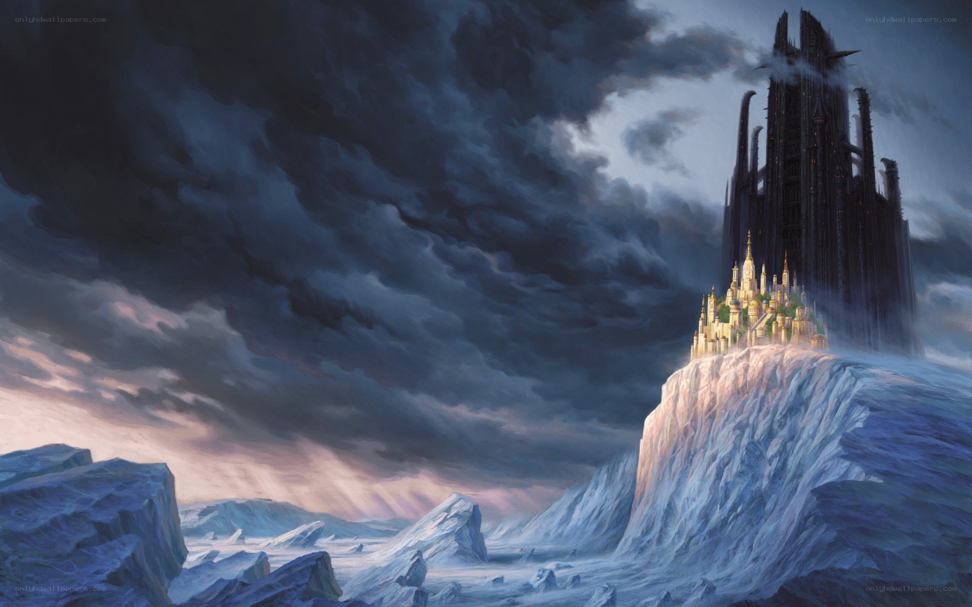 Castle on a cliff in storm