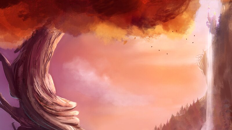 Castle on a Cliff — Orange, Dramatic, Sunset, Digital Art, Clouds