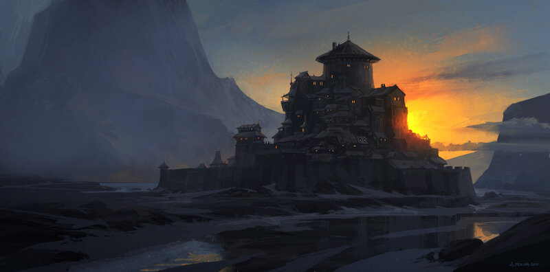 Castle on a Cliff — Orange, Dramatic, Sunset, Digital Art, Mountain