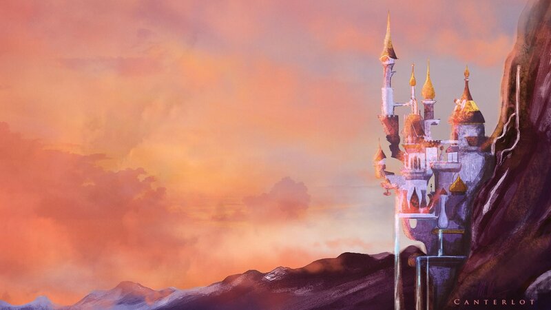 Castle on a Cliff — Orange, Dramatic, Sunset, Digital Art, Sky