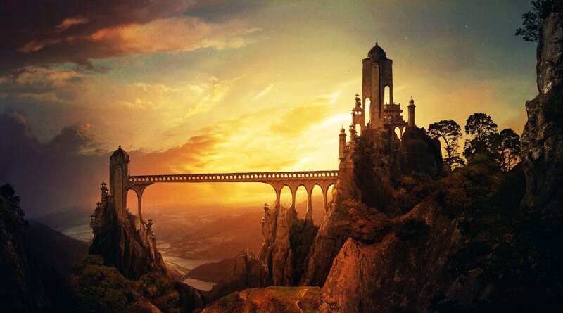 Castle on a Cliff — Orange, Dramatic, Sunset, Digital Art