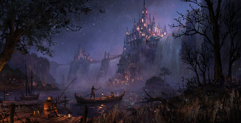 Castle on a Cliff — Purple, Dramatic, Night, Digital Art