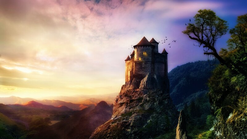 Castle on a Cliff — Purple, Dramatic, Sunset, Digital Art, Mountains