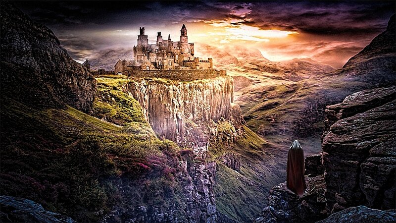 Castle on a Cliff — Purple, Dramatic, Sunset, Digital Art, Person