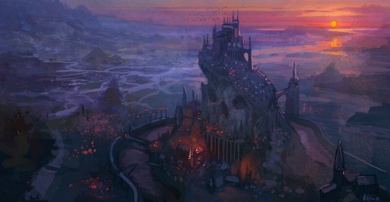 Castle on a Cliff — Purple, Dramatic, Sunset, Digital Art, River