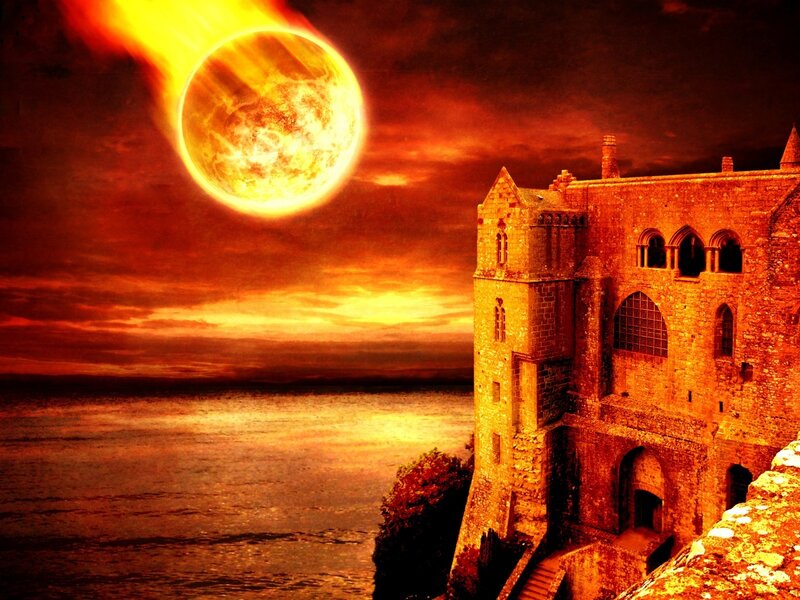 Castle on a Cliff — Red, Dramatic, Sunset, Digital Art