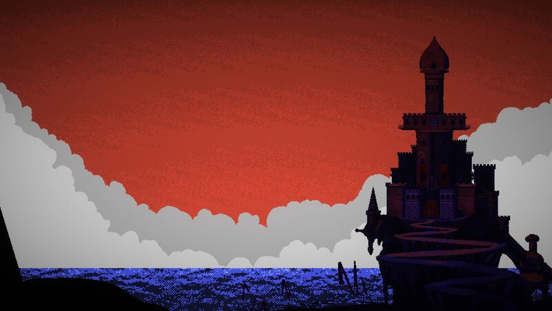Castle on a Cliff — Red, Dramatic, Sunset, Pixel Art, Sea