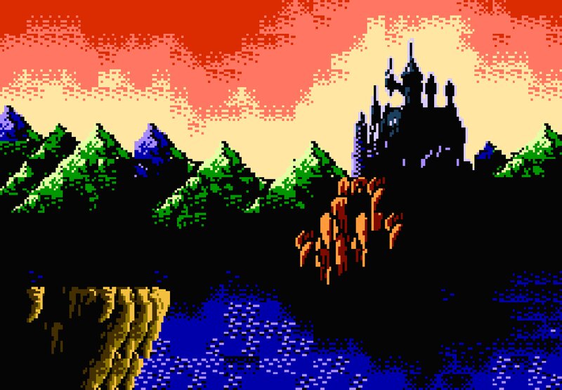 Castle on a Cliff — Red, Dramatic, Sunset, Pixel Art