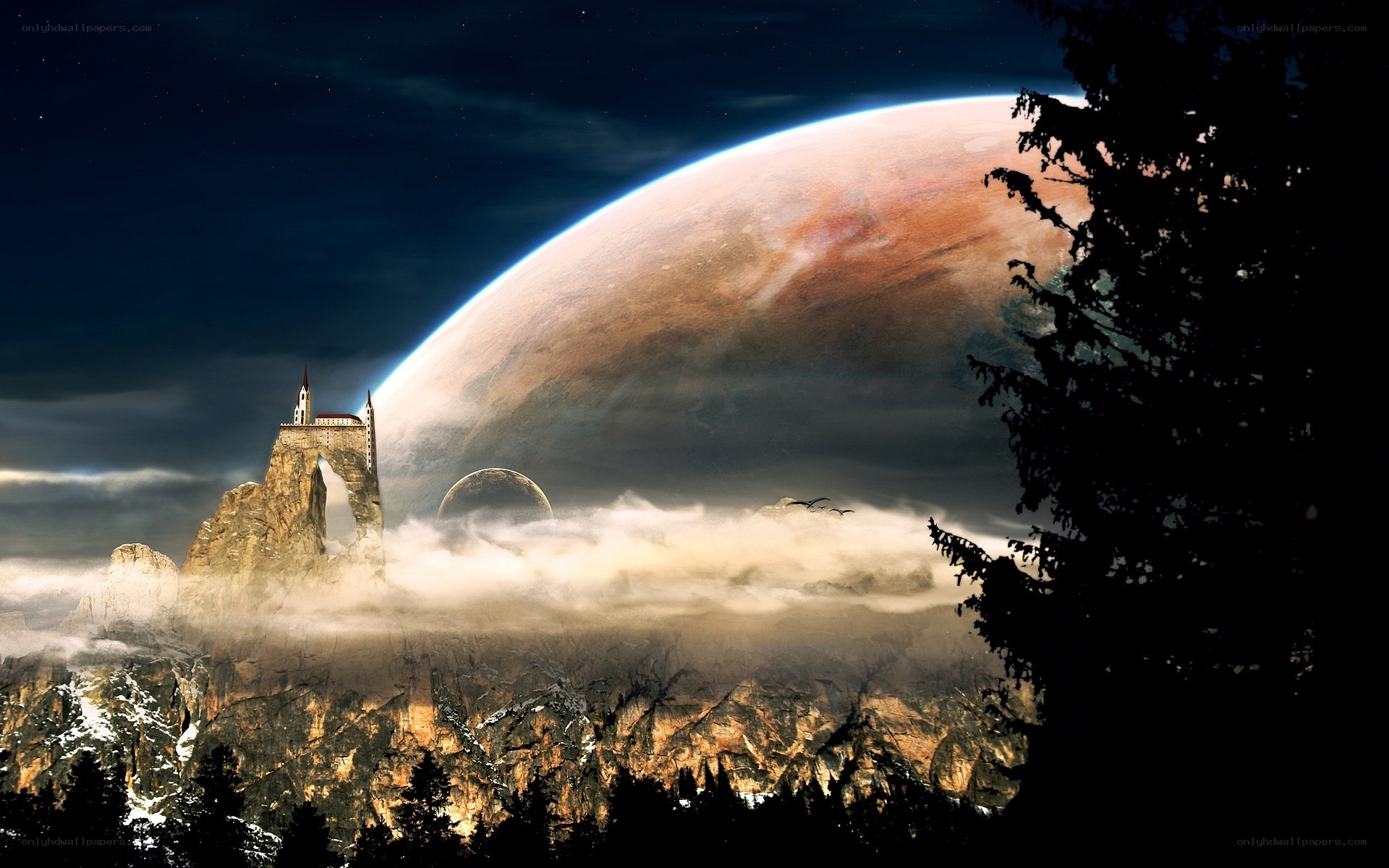 Castle on a cliff under alien planet