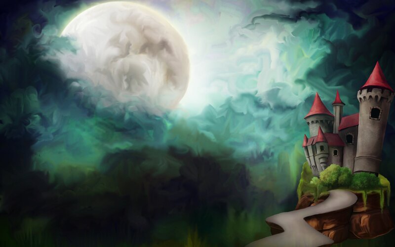 Castle on a cliff under moonlight