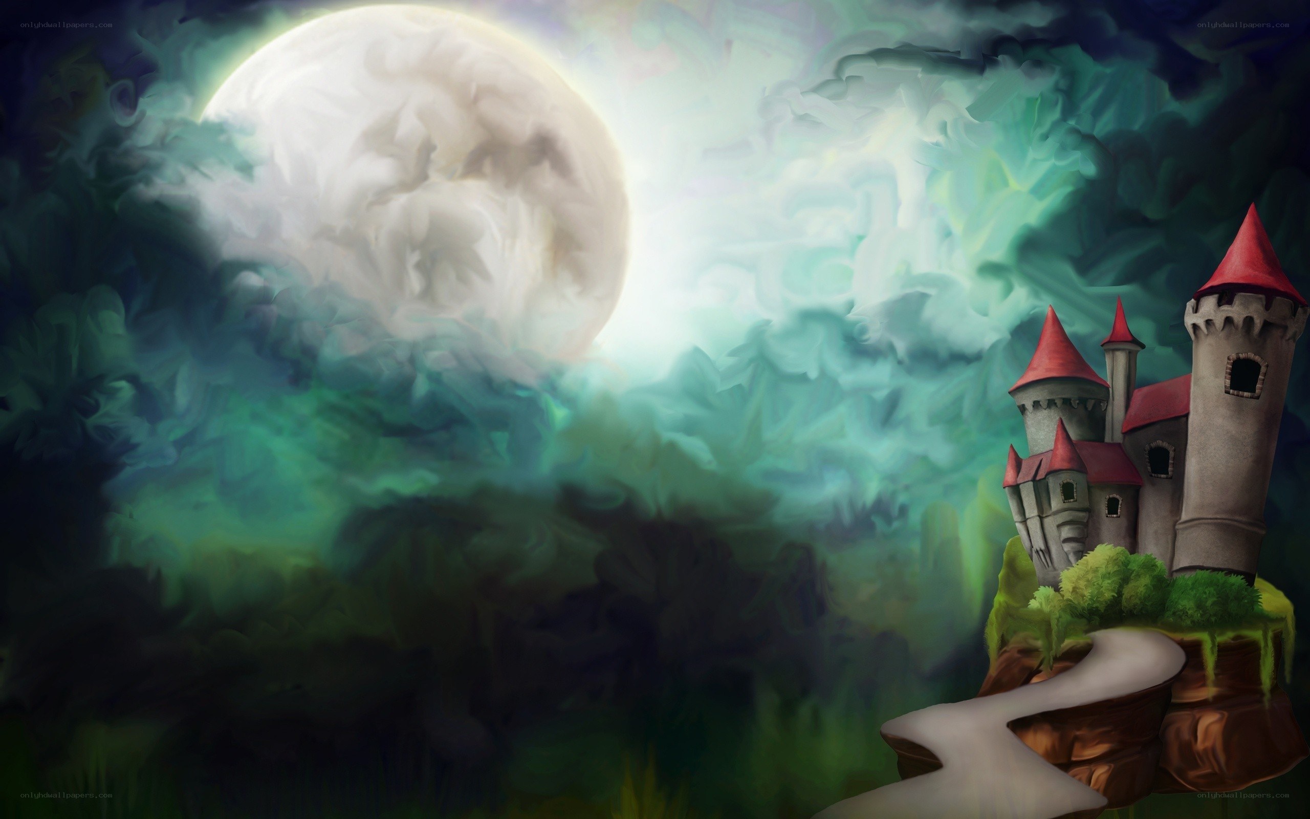 Castle on a cliff under moonlight