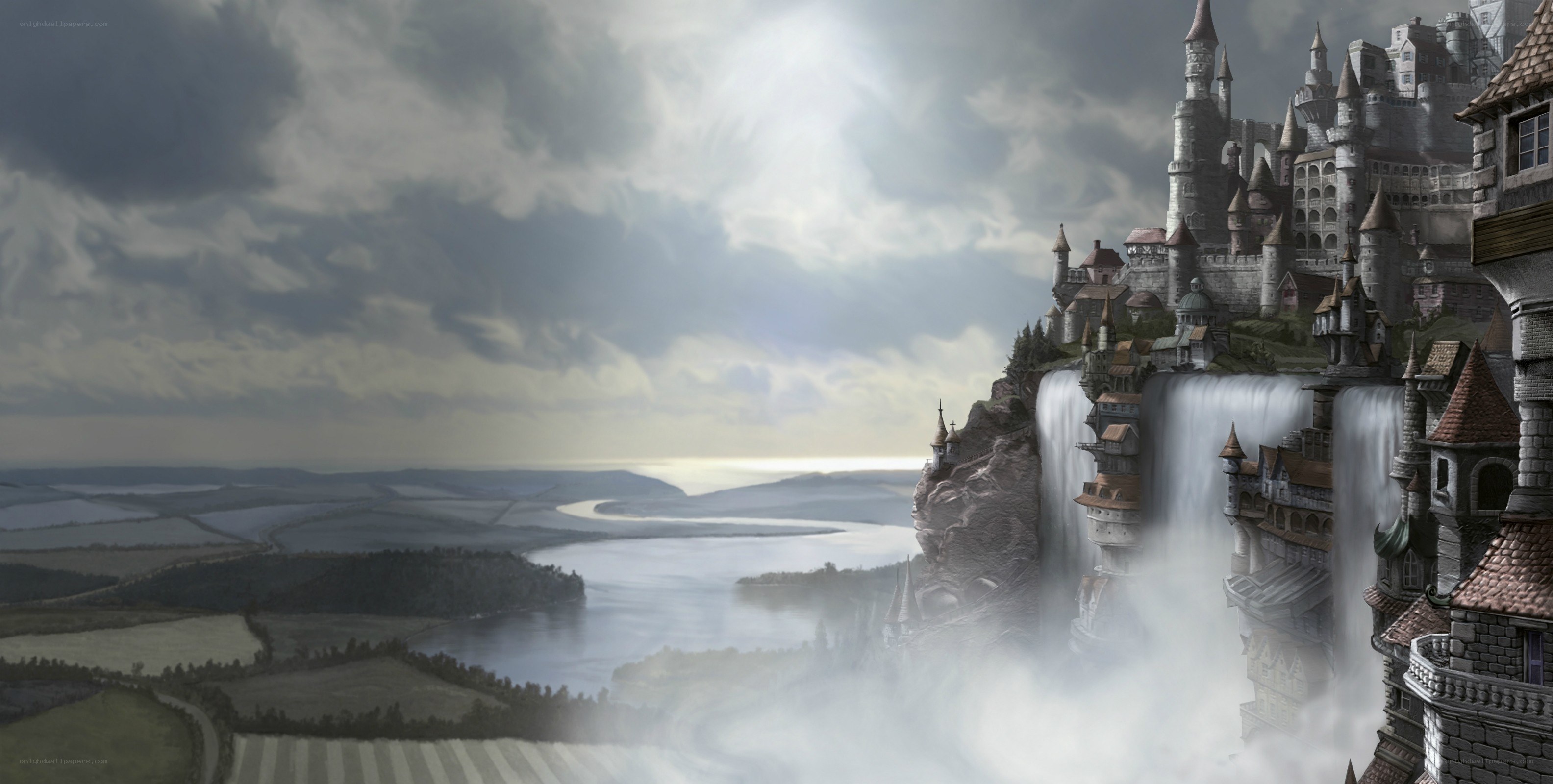 castle on a cliff with waterfall