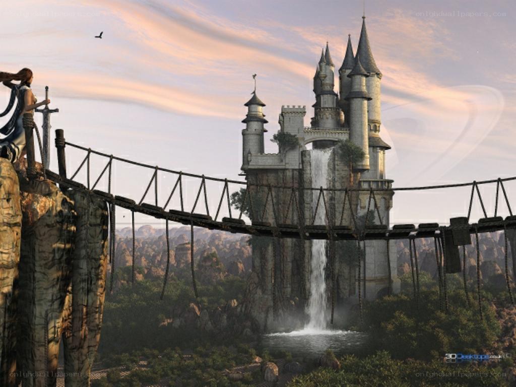 castle on a cliff with waterfall