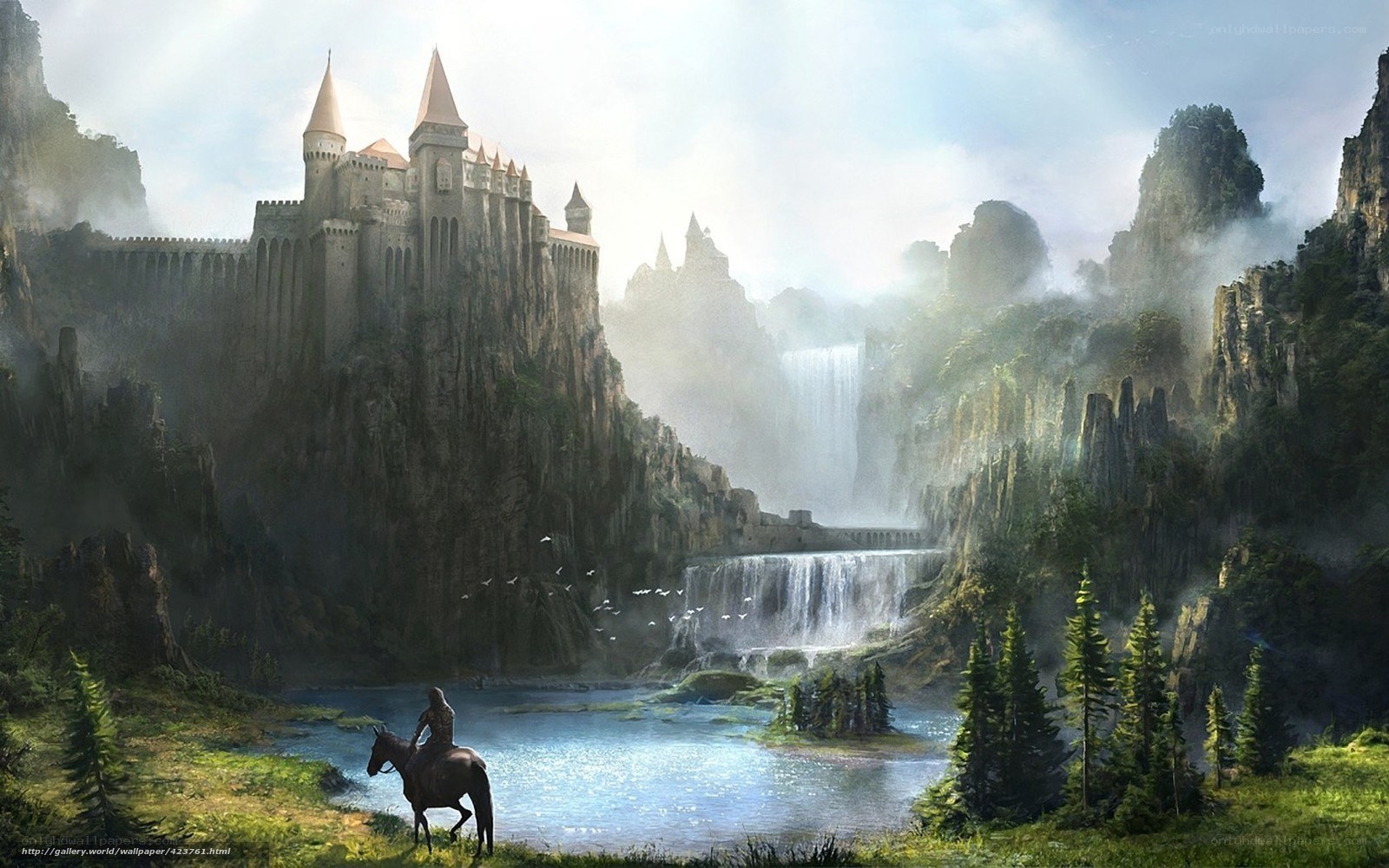 castle on a cliff with waterfall