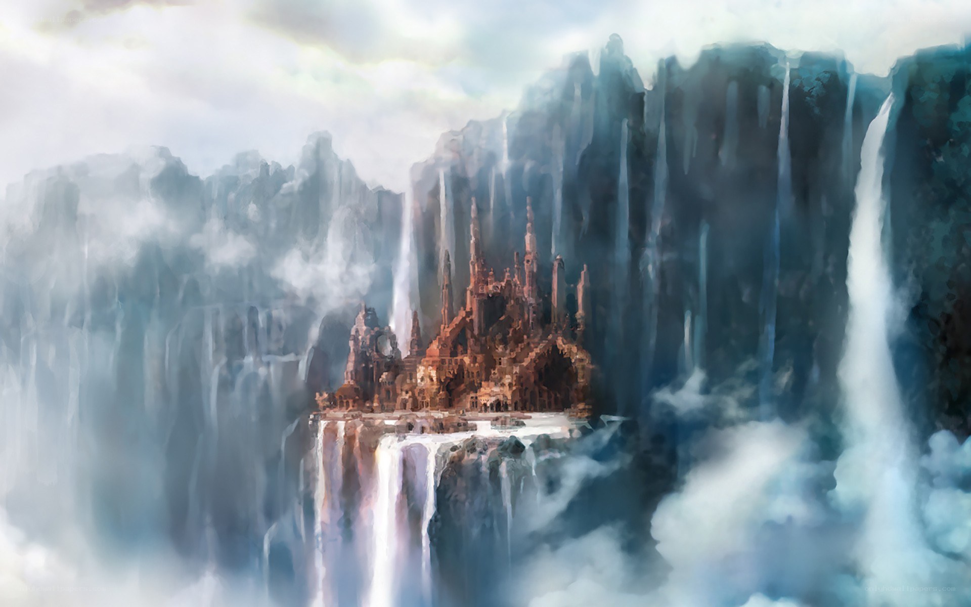 castle on a cliff with waterfalls