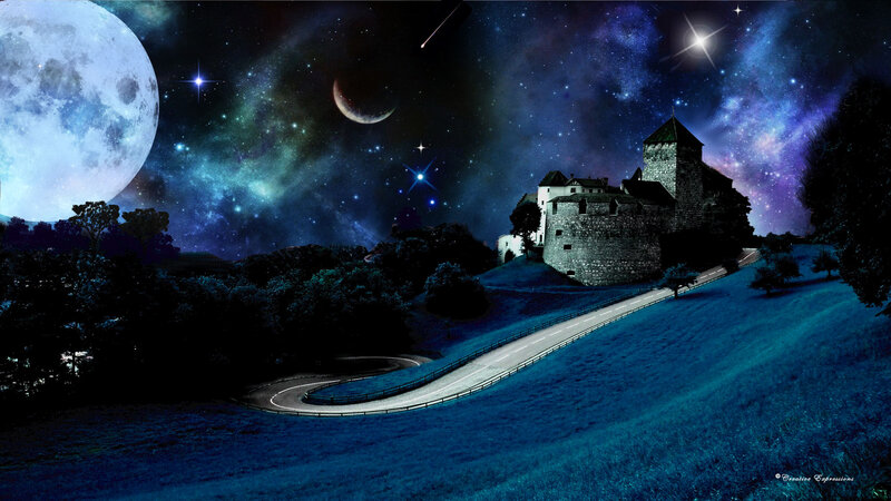 Castle on a Hill at Night — Blue, Dramatic, Digital Art