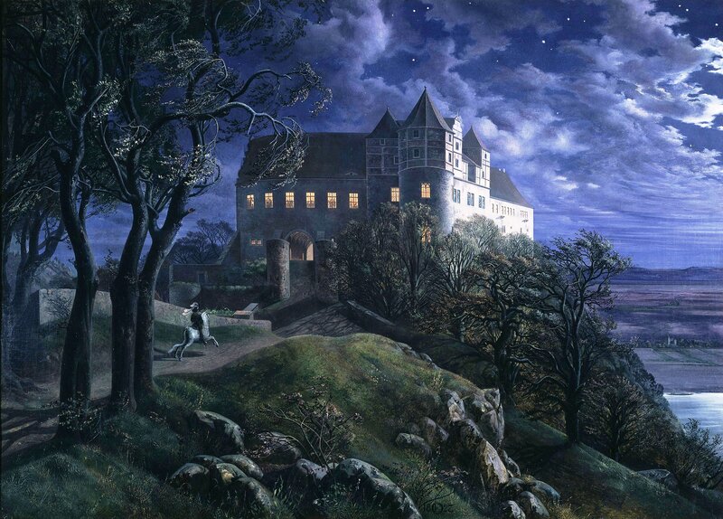 Castle on a Hill at Night — Blue, Dramatic, Painting