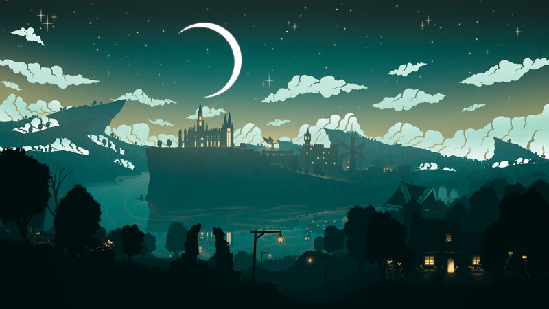 Castle on a Hill at Night — Teal