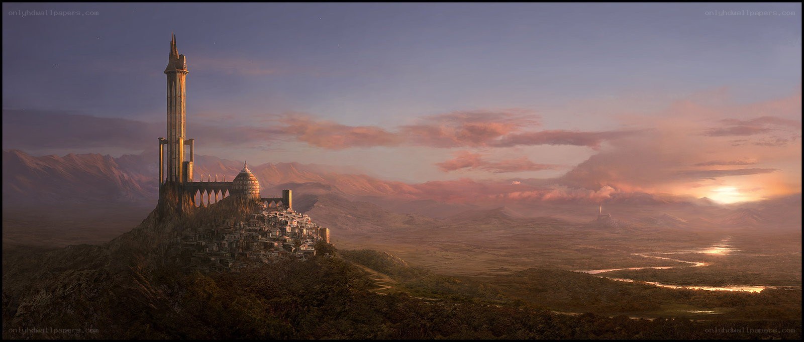 castle on a hill at sunset