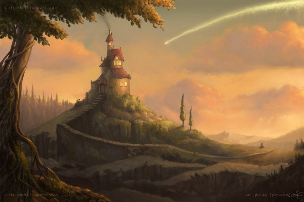 castle on a hill at sunset