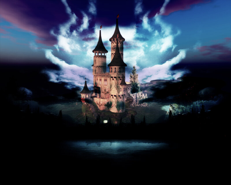 Castle on a Hill — Blue, Dramatic, Night, Digital Art, Towers