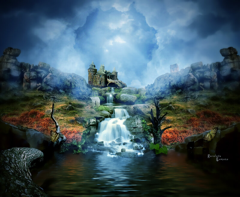 Castle on a Hill — Blue, Dramatic, Night, Digital Art, Waterfall