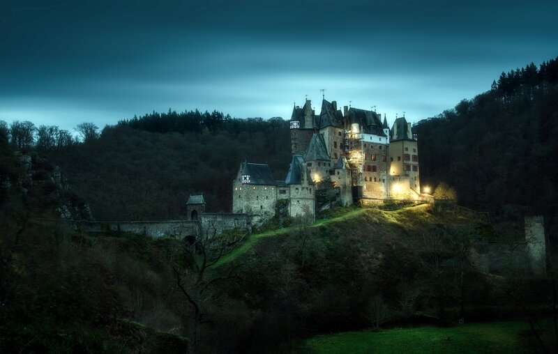 Castle on a Hill — Blue, Dramatic, Night, Photograph, Forest
