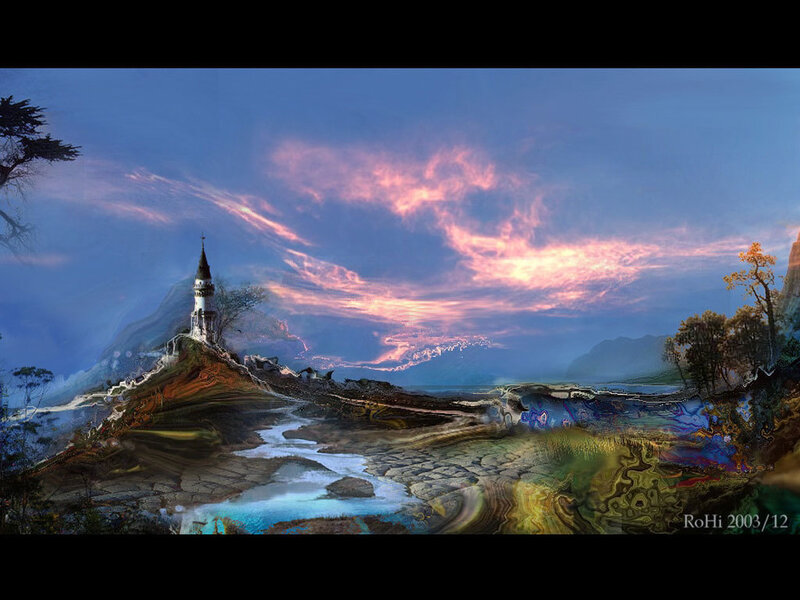 Castle on a Hill — Blue, Dramatic, Sunset, Digital Art, Tower