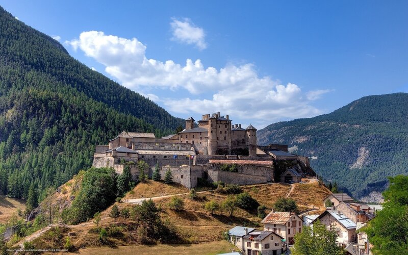 Castle on a Hill — Blue, Serene, Afternoon, Photograph, Mountains, Village