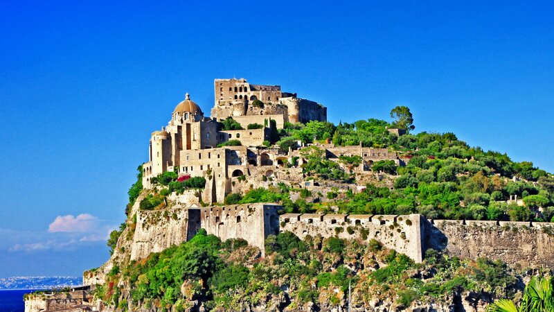 Castle on a Hill — Blue, Serene, Afternoon, Photograph, Sea