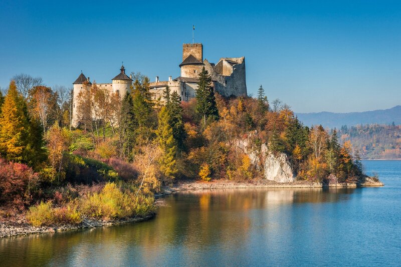 Castle on a Hill — Blue, Serene, Autumn, Photograph, Lake, Trees, Mountains