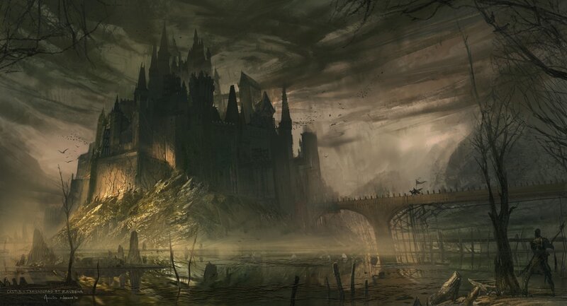 Castle on a Hill — Gray, Dramatic, Night, Digital Art, Bridge