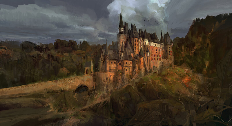 Castle on a Hill — Gray, Dramatic, Night, Digital Art