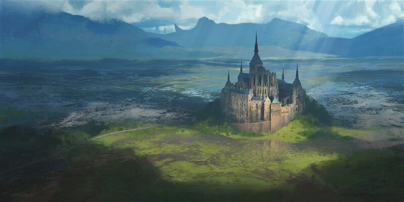 Castle on a Hill — Green, Dramatic, Afternoon, Digital Art, Mountains