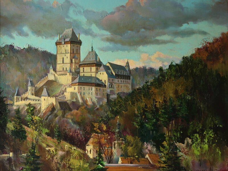 Castle on a Hill — Green, Dramatic, Afternoon, Painting, Trees, Sky