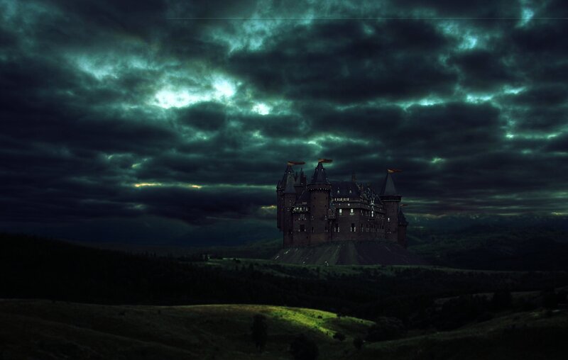 Castle on a Hill — Green, Dramatic, Night, Digital Art, Clouds