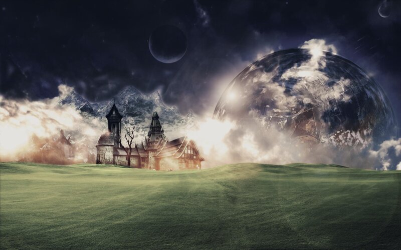 Castle on a Hill — Green, Dramatic, Night, Digital Art, Mountains