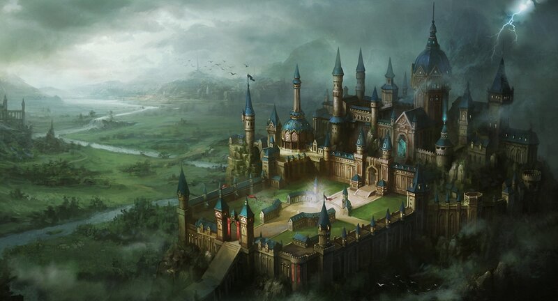 Castle on a Hill — Green, Dramatic, Night, Digital Art, River