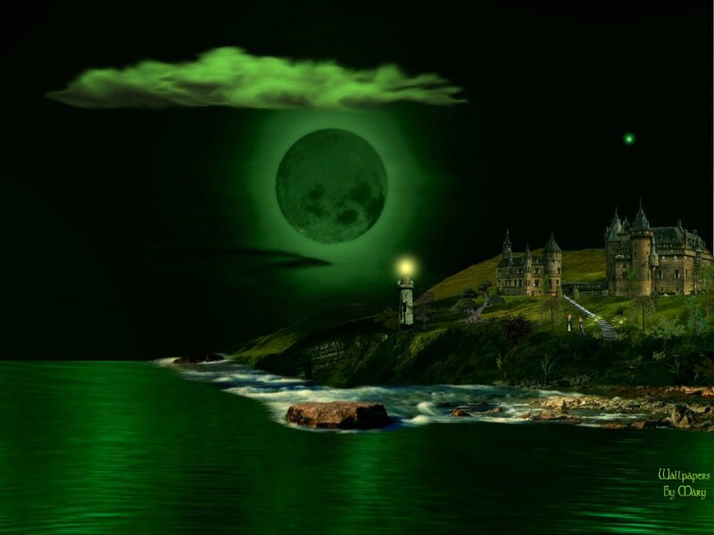 Castle on a Hill — Green, Dramatic, Night, Digital Art