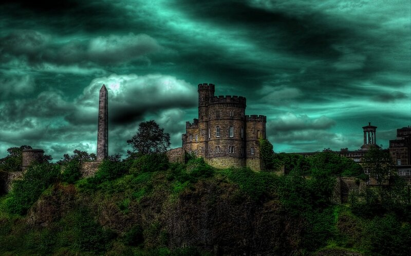 Castle on a Hill — Green, Dramatic, Night, Photograph, Obelisk